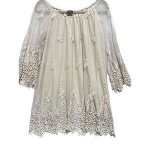 Lace overlay Crochet Tunic Dress Boho Ivory Sheer Bell Sleeve Sz L fairy Love